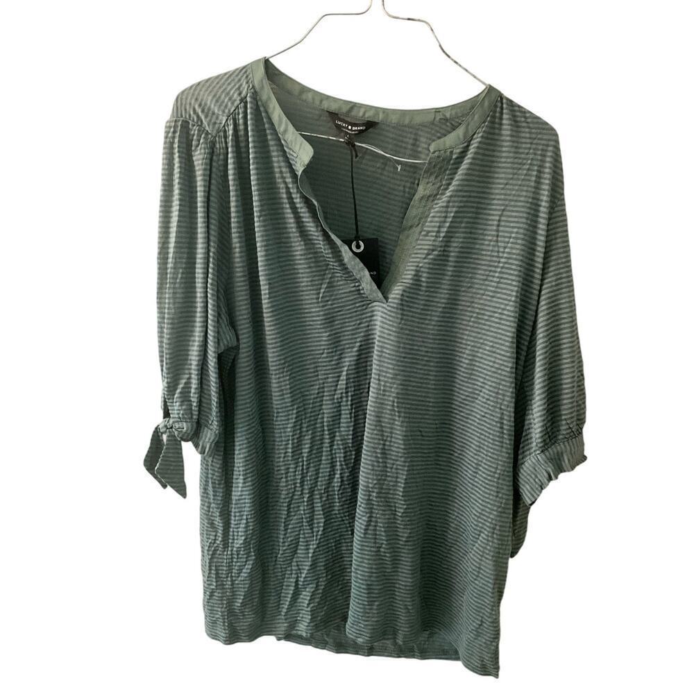 Lucky Brand Blouse Top Women's Large Green 100% Viscose‎ Half Knotted Sleeve